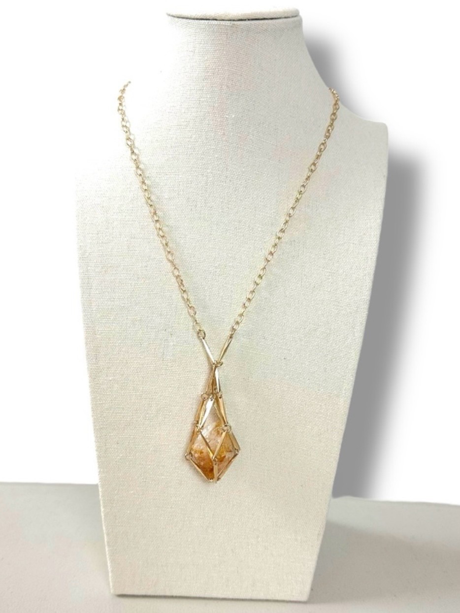Free People Ariana Ost Caged Crystal Pendant Necklace Gold Bohemian Artisanal